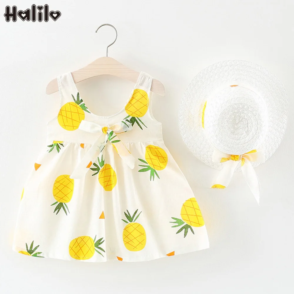 Halilo Baby Girls Summer Dress Sleeveless Pineapple Print Infant Clothing Babys First Birthday Dresses Princess Clothes With Hat