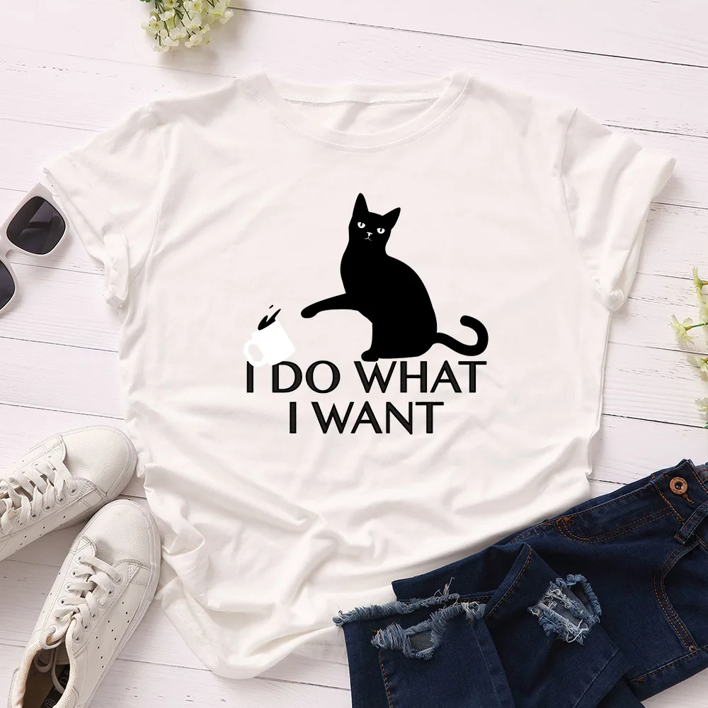 

Casual Loose 100% Cotton Women T-Shirt Cute Cat I Do What I Want Print Fashion Female Tees Top W715