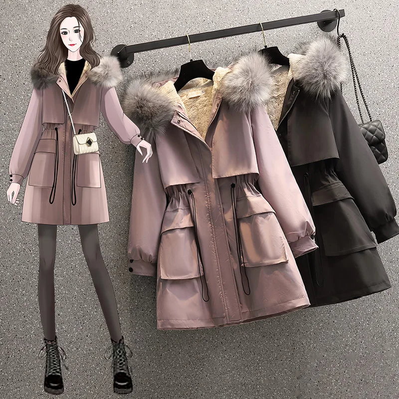 

Новый большой женский модный стиль талии в 2021 году зимой, чтобы преодолеть искусственный воротник, хлопковая куртка с капюшоном 9909