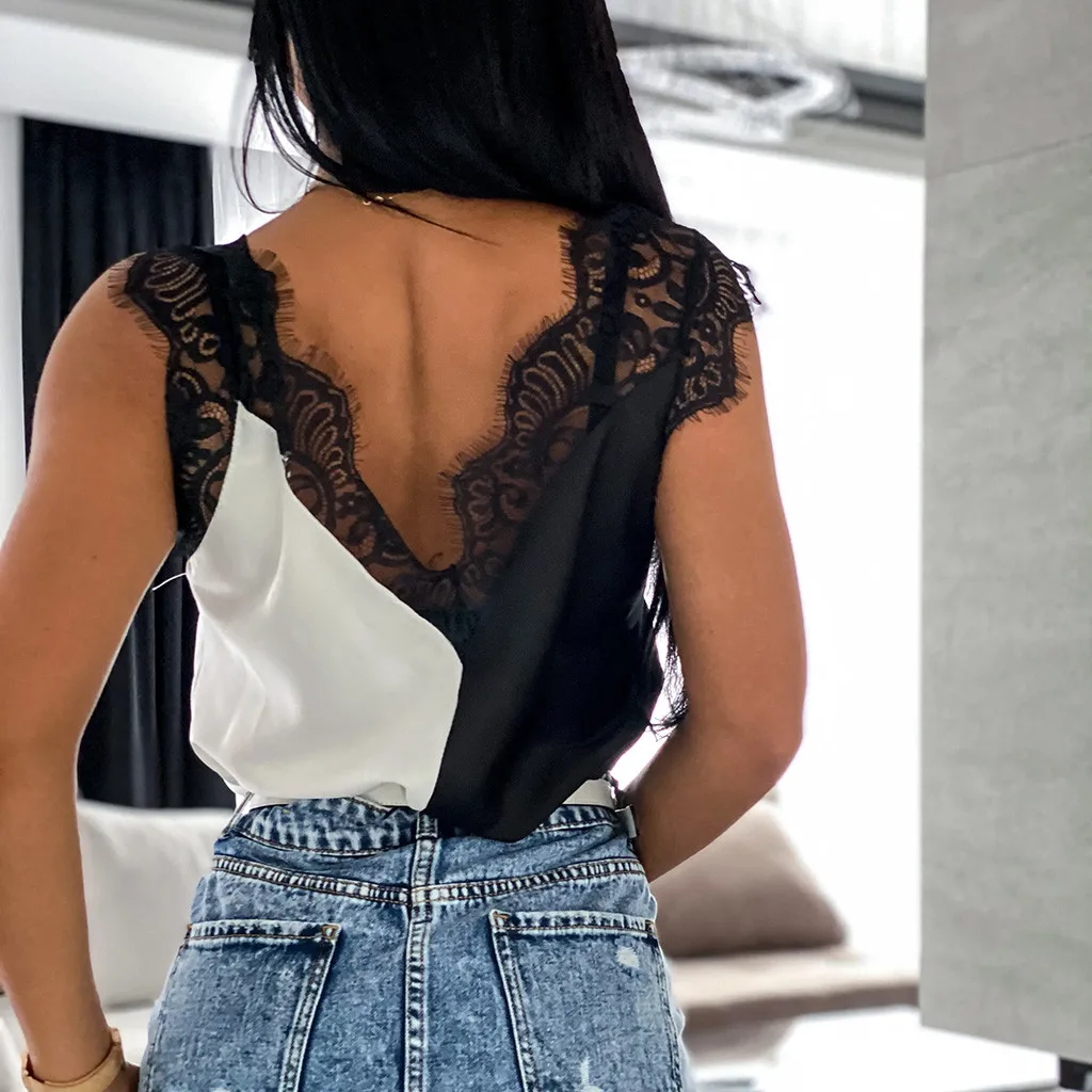 

Womail Blouse Women Summer V-neck Lace Chiffon Blouse Shirt Sleeveless Patchwork Tank Top Women Backless Sexy Vest Feminina club