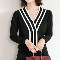 black sweater fallwinter pullover 2021 new v neck black striped bottoming sweater womens long sleeved sweater striped