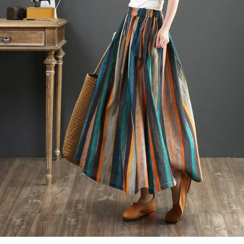 

Colorful stripes wild loose literary long skirt personality folk retro style elastic waist A-line skirt female summer 2021