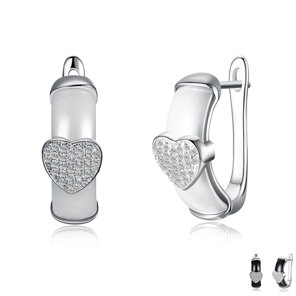 

ZEMIOR Genuine 925 Sterling Silver Heart Full Cubic Zirconia Earrings For Women Trendy Ceramics Stud Earring Fine Jewelry
