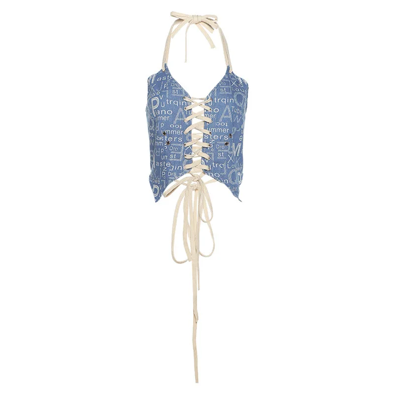 

Y2k Blue Crop Tops for Women 2021 Aesthetics Strapless Cute Cropped Bandage Top Halter Neck Cami Summer Woman Tank Top Female