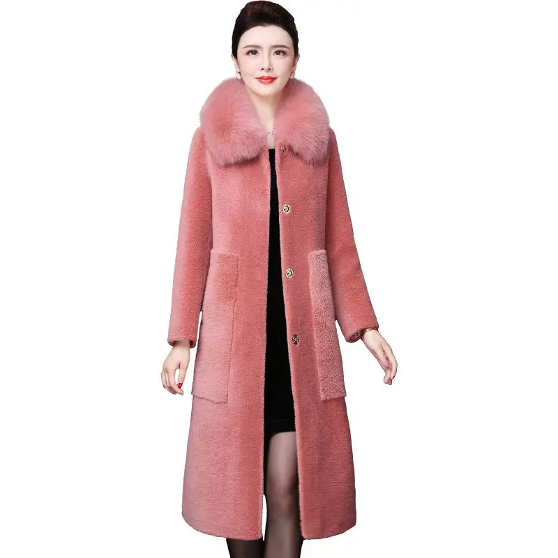 

Winter Sheep Shearing Fur Coat Women Mid-Long Red Desert Color/Pink Plus Cotton Thickening Big Size lady Sheep Shearing Outwear
