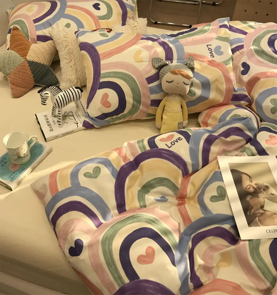 

Fashion cartoon rainbow heart bedding set,colorful sweet cotton twin full queen home textile flat sheet pillow case duvet cover
