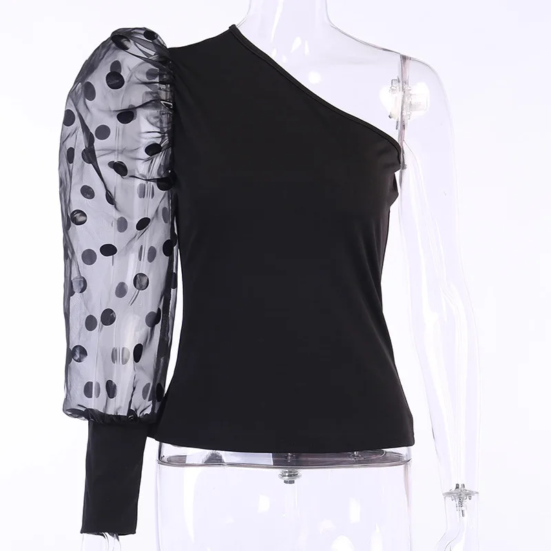

2021 Fall Fashion Oblique Collar Polka Dot Puff Sleeve T-Shirt Women's Personality Slim Slimming One-Piece Top Dropshipping