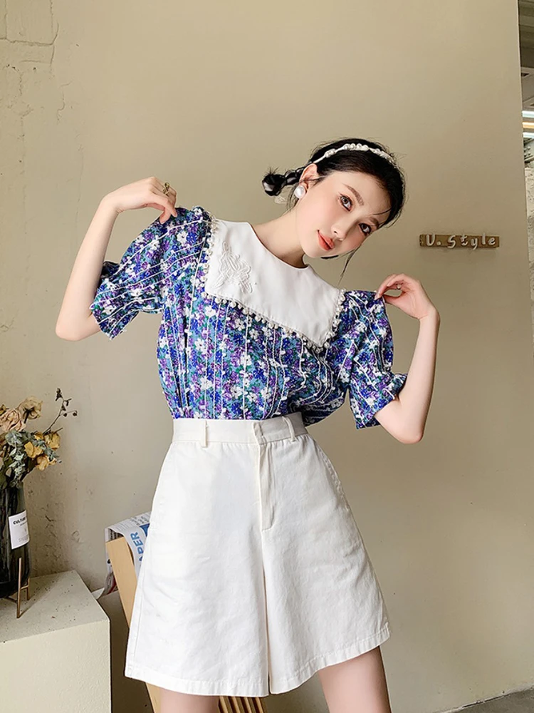 

LANMREM 2021 Summer Navy Blue Flower Embroidery Blouse Female Flare Sleeve Loose Floral Shirts New Arrivals Cute Top 2D7065