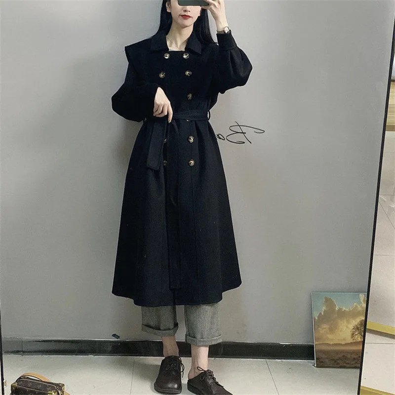 

Women Korean Winter Long Overcoat Outwear Coat Loose Plus Size Elegant Women Wool Coat Double breasted Femme Windbreaker W2228
