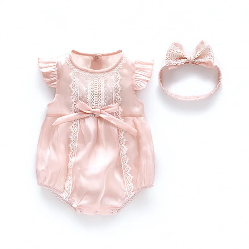

Children's Clothing Baby Onesies 2021 Summer New Baby Bag Fart Clothing Pink Lace Triangle Romper Thin Polyester Jumpsuit LB317