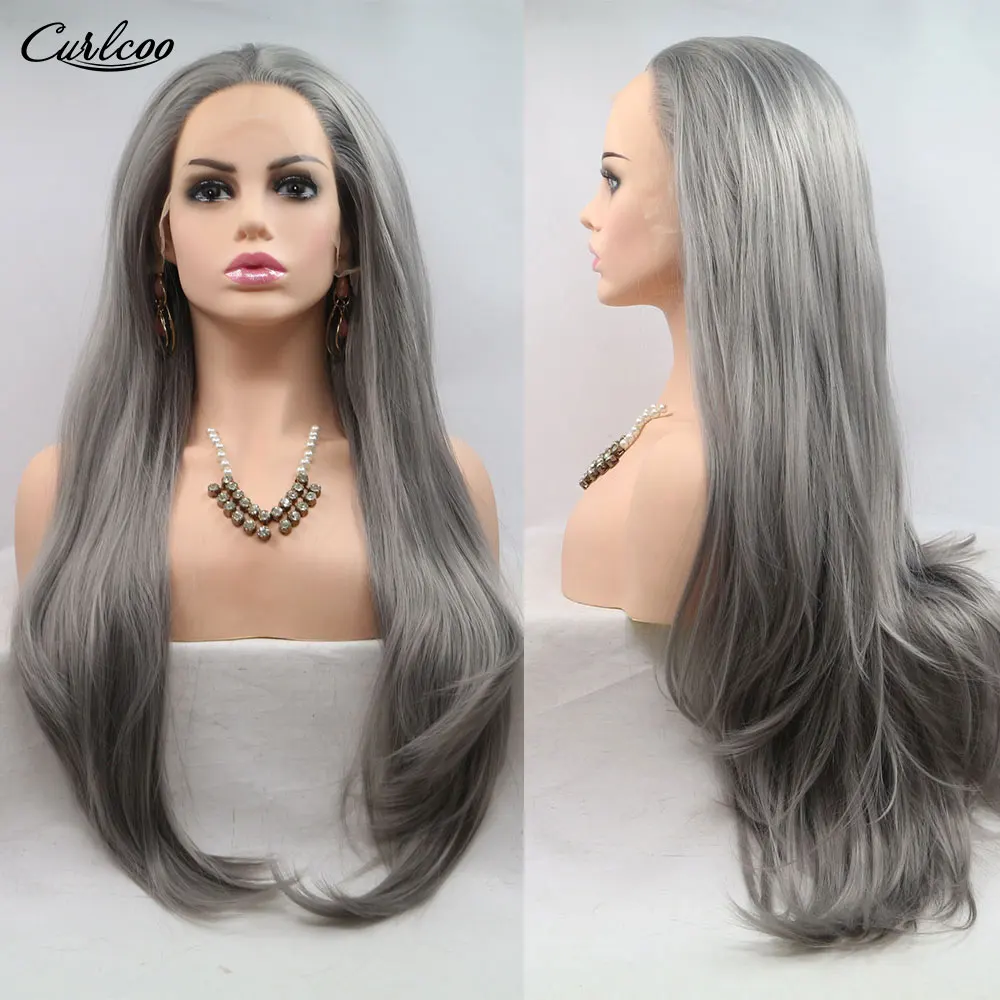 

28 inches Lace Front Wig Long Straight Silver gray Hair Natural Glueless Heat Resistan Cosplay Wigs For Black Women