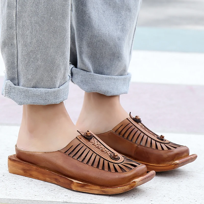 

VALLU 2020 spring national wind square head casual Baotou sandals handmade leather hollow single shoes beach outdoor