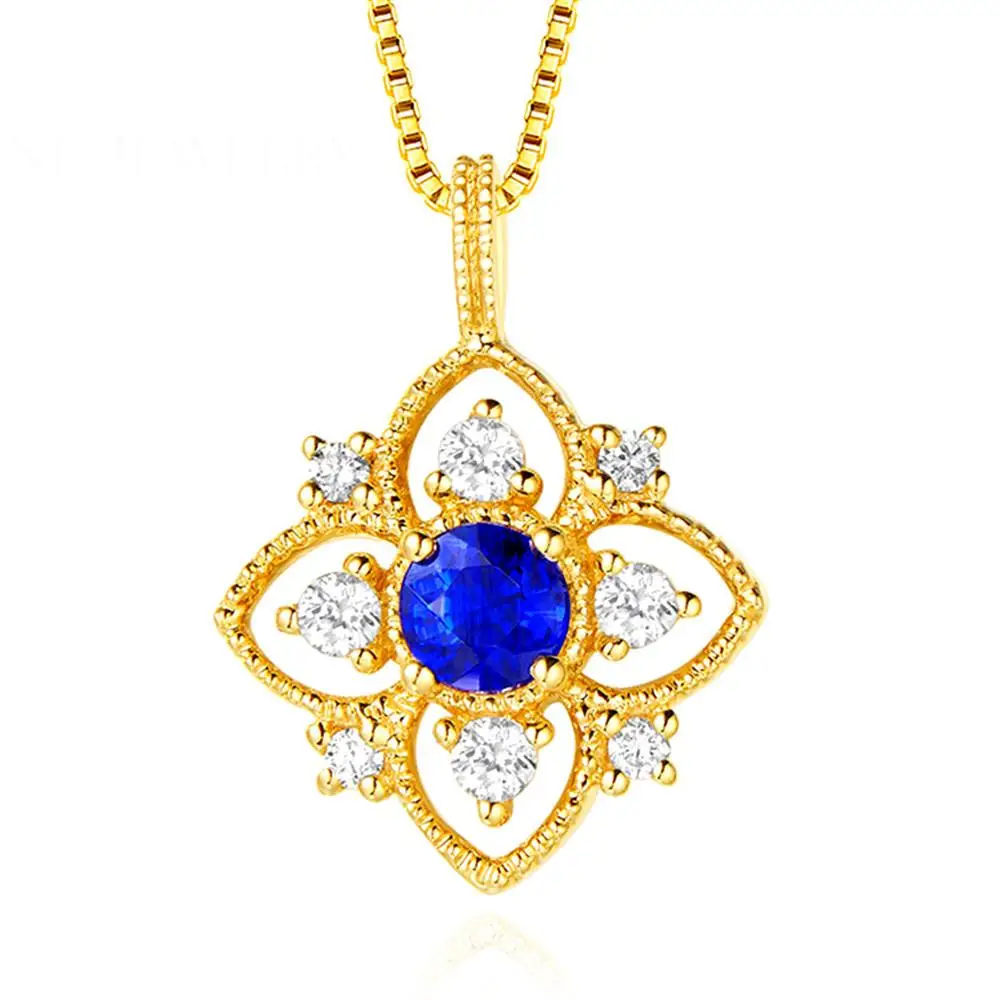 

Blue crystal Sapphire gemstones small pendant necklace for women 14k gold color choker chain jewelry bijoux vintage carving gift