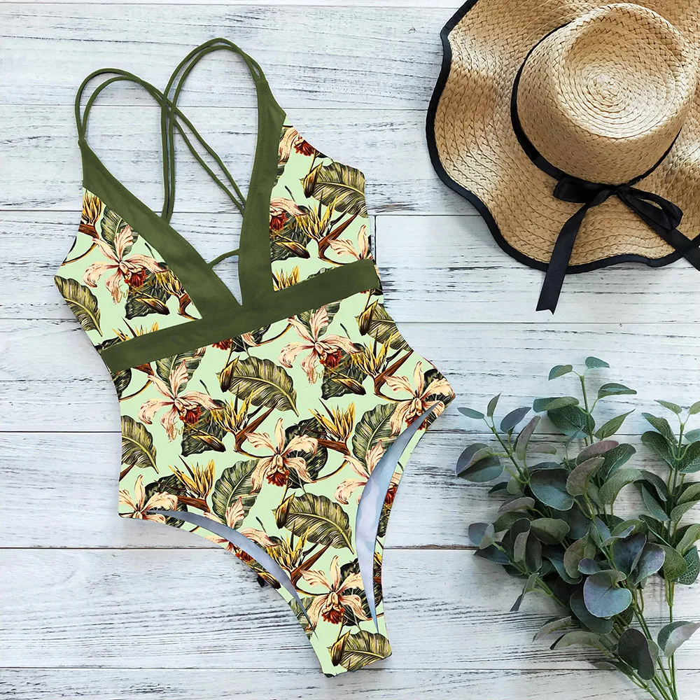 2021 слитный купальник с лямкой на шее женский сексуальный цветочным рисунком