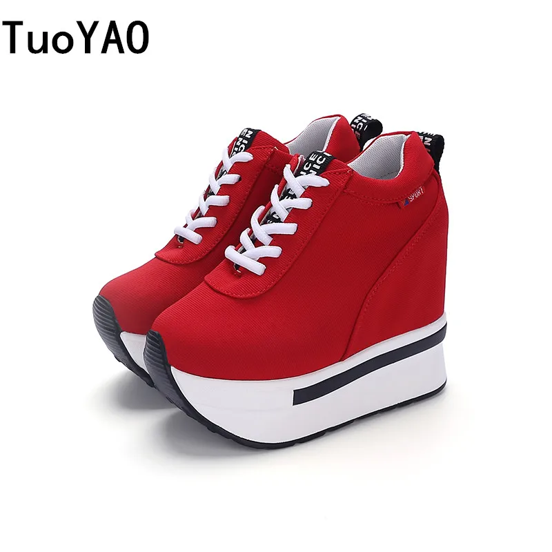

12.5CM High Heel Shoes Woman Spring Canvas Vulcanize Shoes High Platform Ladies Casual Black Sneakers Autumn Red Chunky Shoes