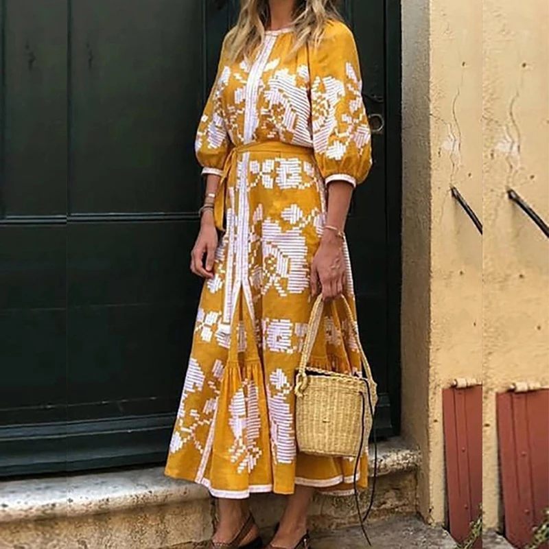 

Casual Bohemian Women Elegant Round Neck Club Dress Vintage Printing Sashes Long Dress Autumn Plus Size 3XL Loose Vestido Femme