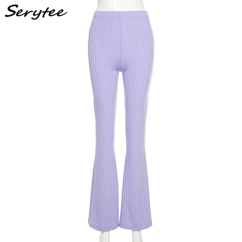 

Serytee Outwear High Waist Rib Knitted Flare Long Pants Women 2021 Solid Purple Skinny Casual Trousers Streetwear Pants