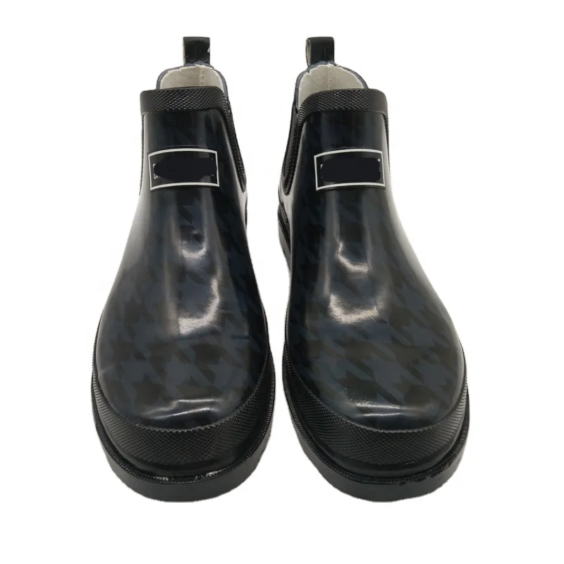 

Fashion style oem orders ankle low cut all black printed men's size rubber adult rain boots