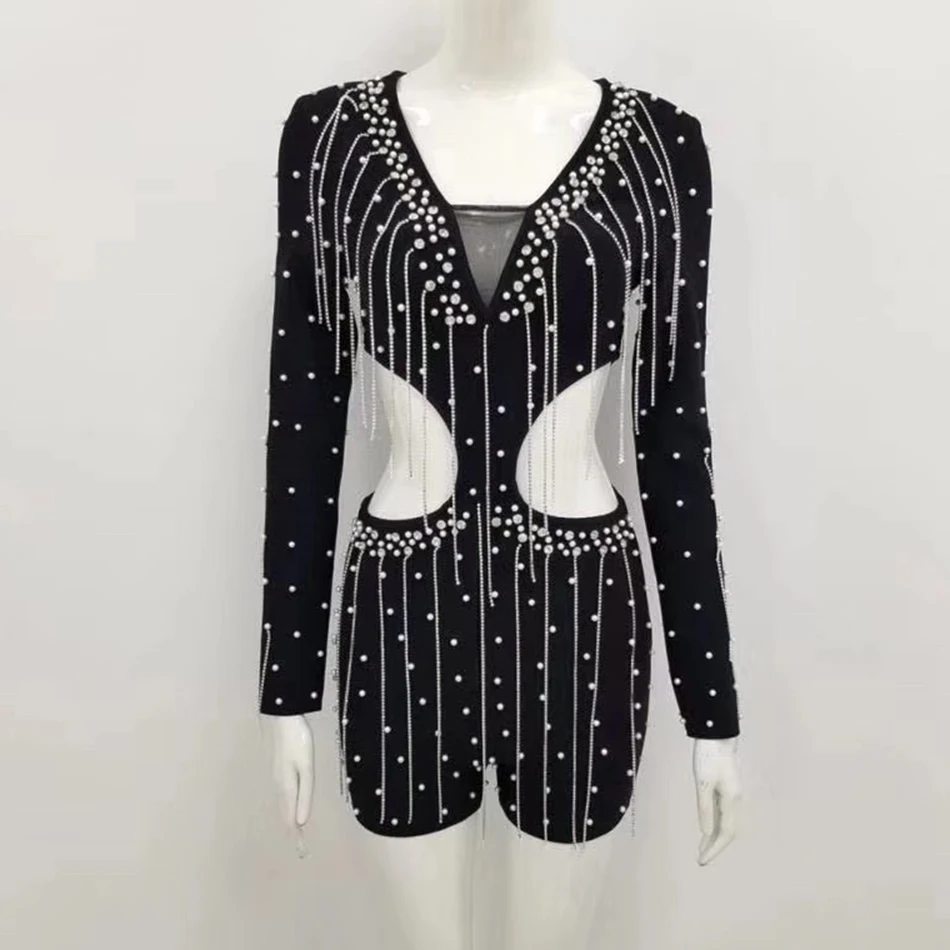 

2020 Winter New Women's High Quality Sexy Black Long Sleeve Beaded Tassel Bodycon Rayon Bandage Fashion Celebrity Party Jumpsuit