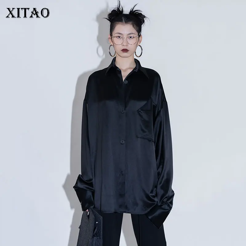 

XITAO, Черная Женская рубашка, осенняя, новая, повседневная, простая, темпераментная, универсальная, однотонная, с отложным воротником, свободн...