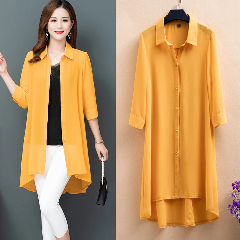 

Summer 2022 new women Button chiffon blouse loose thin coat plus size seven-quarter sleeve sunscreen clothing female long blouse