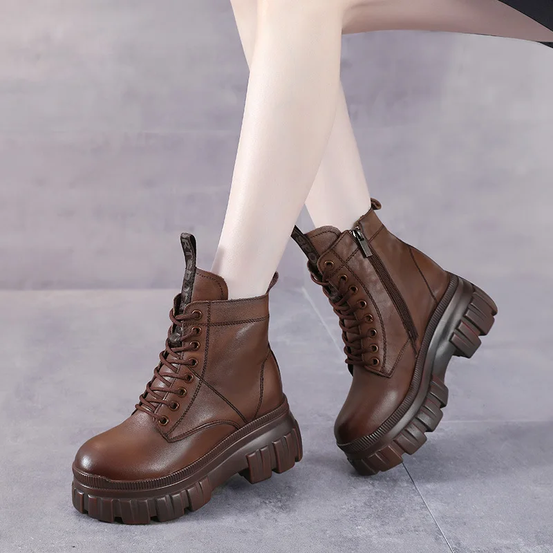 

Autumn Leather Increased Single Boots High-top Boots Women's Retro First Layer Leather Short Boots Thick-soled All-match Boots