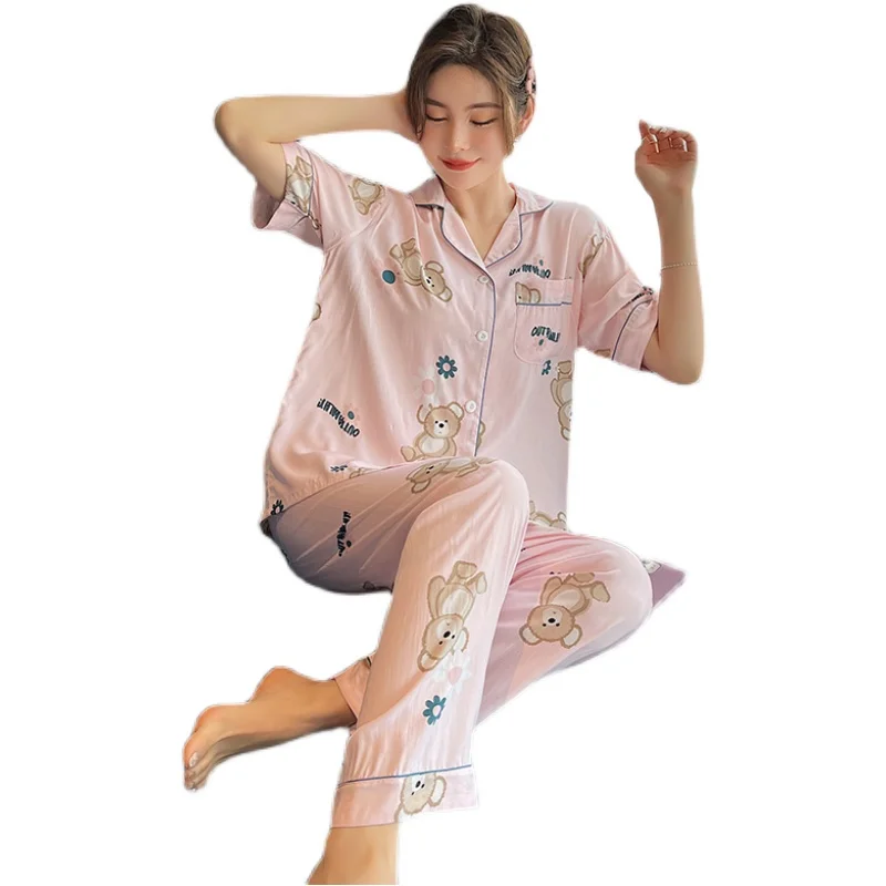 

Short-Sleeved Trousers Viscose Staple Fiber Pajamas Women Spring and Autumn Thin Bourette Suit Japanese Style Can Be Worn