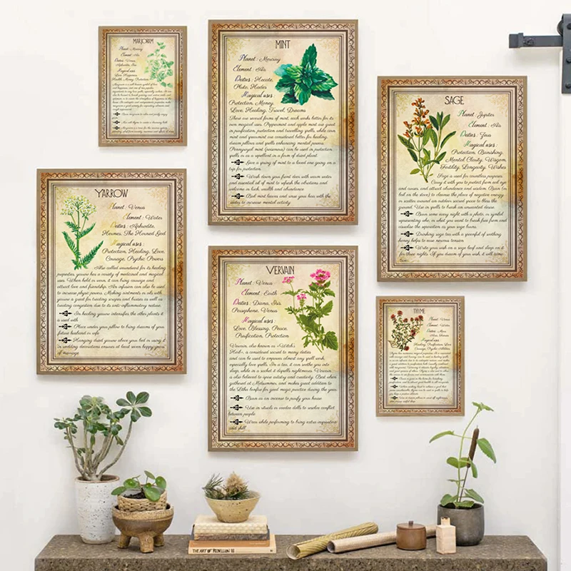 

Herbs Book of Shadows Pages Posters Vintage Plants Prints Herbs Witchcraft Wall Art Canvas Painting Witch Pictures Home Decor