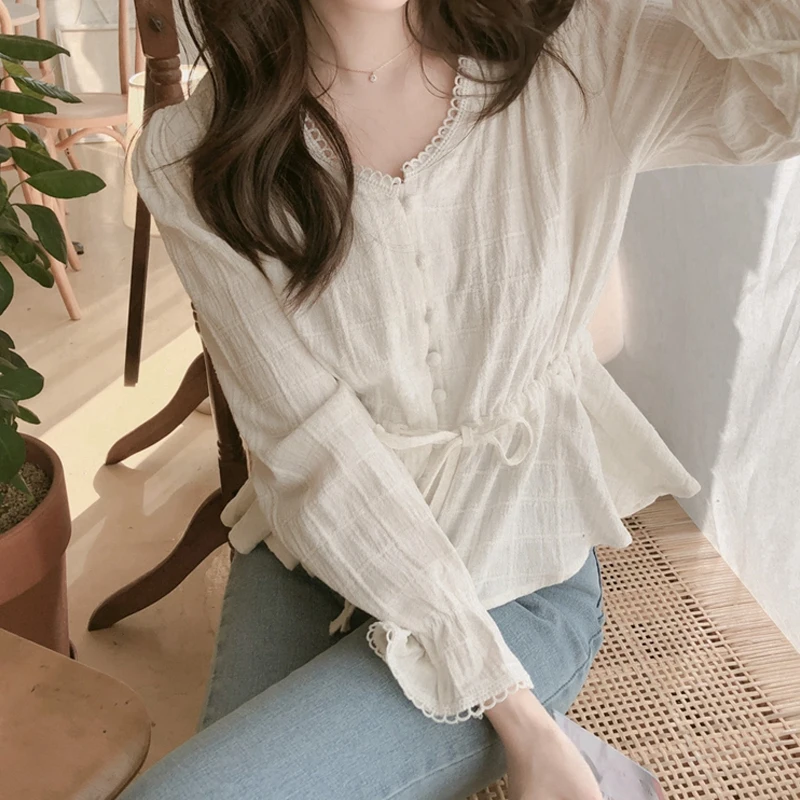 Женская белая блузка с длинным рукавом винтажные топы и блузки в Корейском стиле