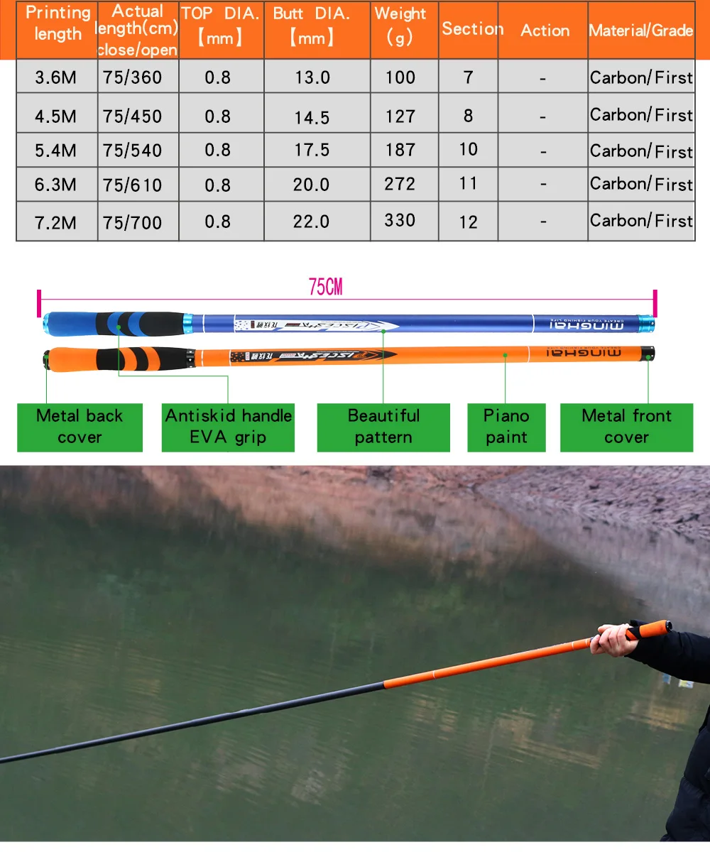 

2021 New Carbon Fiber Telescopic Fishing Rod Pesca Stream Hand Pole Carp Ultralight Super hard Travel 3.6/4.5/5.4/6.3/7.2M