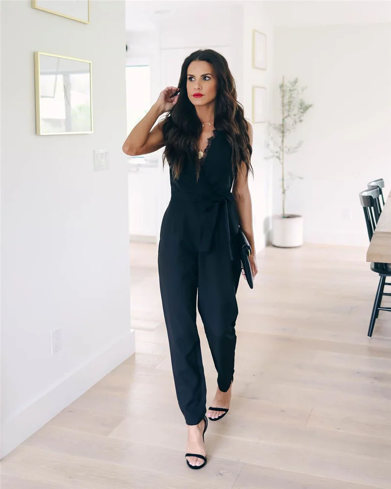 

New Women Jumpsuit Fashion Lace Sleeveless V-neck Pocket Women Rompers Black Jumpsuits Female Pants Bodysuits