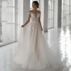Тюлевое свадебное платье с длинным рукавом и поясом 2021, свадебное платье с открытыми плечами, свадебное платье с аппликацией и бисером, платье принцессы