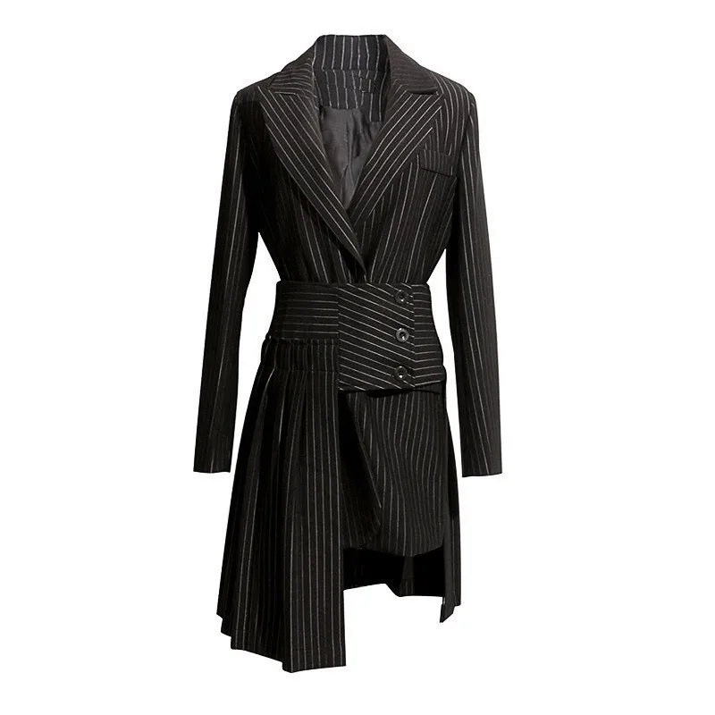 [EAM] Новинка 2021 Весенняя Свободная юбка в черную полоску с длинными рукавами и