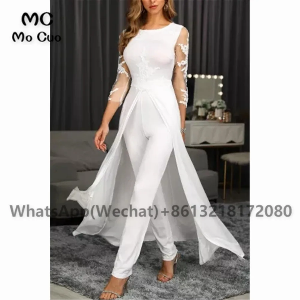 

Jumpsuit White Prom Evening Dresses Long 2021 Lace Evening Party Dress with Train3/4 Sleeves Women's Prom Dress In Stock