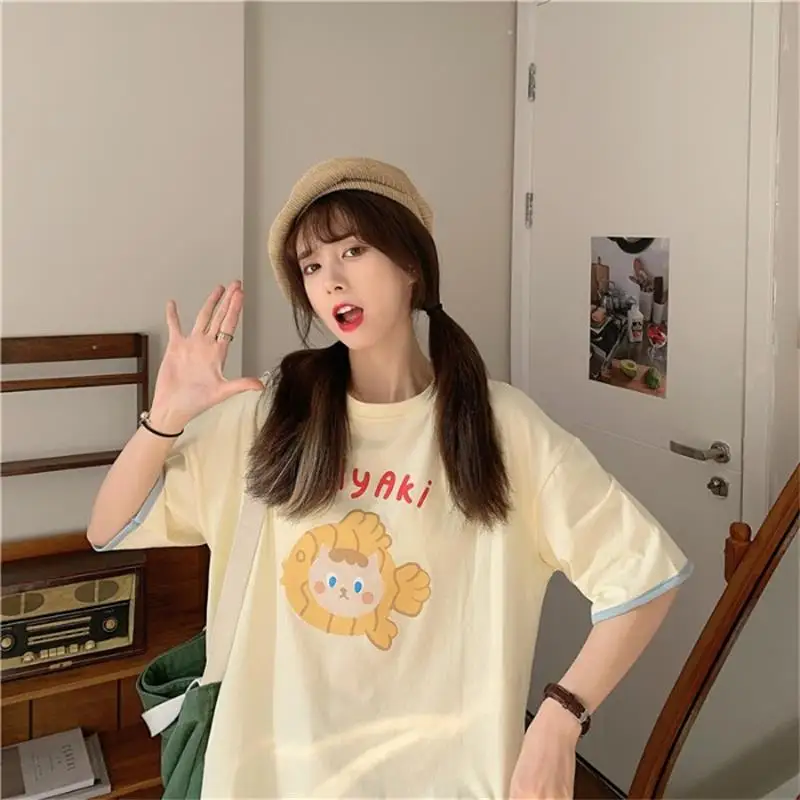 

Свободная Повседневная футболка с мультяшным принтом Ins, женские корейские футболки в стиле Харадзюку, топы, японская кавайная одежда в стиле ольччан для женщин