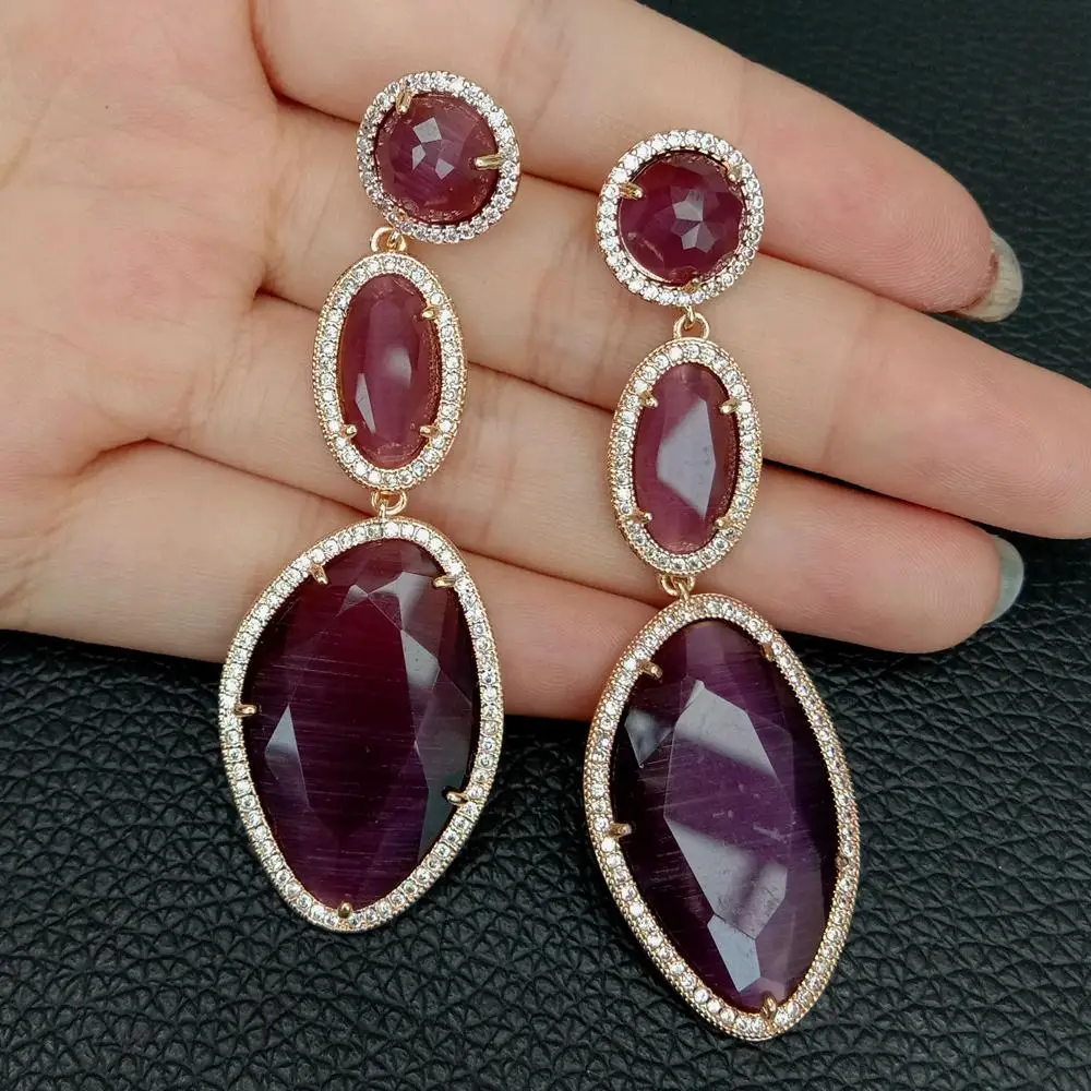 

Фиолетовые серьги-гвоздики с кошачьим глазом и фианитами желтого золота, классические геометрические Женские Висячие серьги со стразами