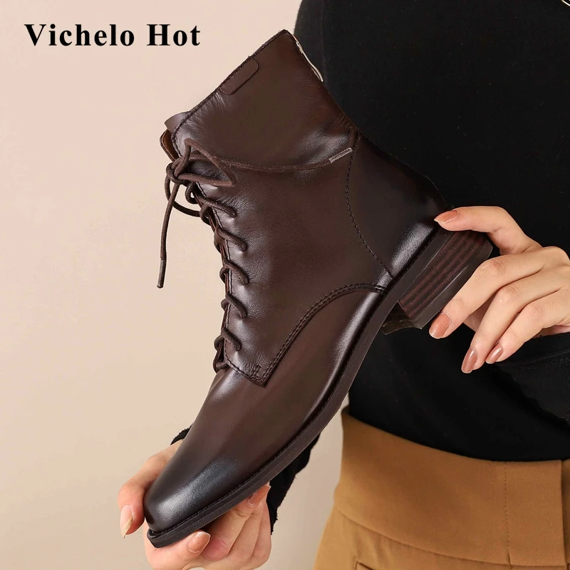 

Vichelo/Лидер продаж; Удобные ботильоны из натуральной кожи с круглым носком на толстом низком каблуке с молнией сзади для молодых девушек; L7f1