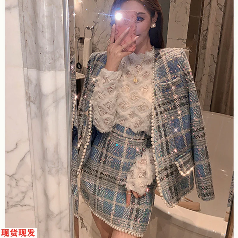 Women Tweed Suit Female 2022 Autumn Winter New Casual High Street Noblewoman Clothes Sequin Plaid  Skirt Sets Office Lady Wear