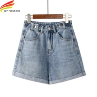 high waist wide leg denim shorts for women 2021 new summer blue jean buttons crimping casual bermuda shorts women shorts jeans