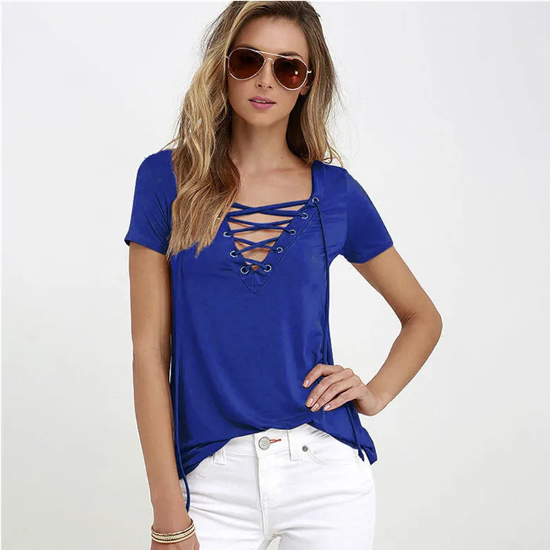 

2021 Summer Ladies Tops European and American Fashion Wild Casual Loose Solid Color Sexy V-neck T-shirt Tops
