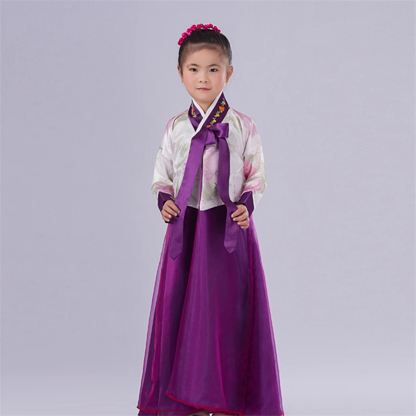 

Girls Korean Traditional Hanbok Dress Fashion Vintage Floral Mesh Bow Dance Performance Wedding Oriental Ancient Clothing