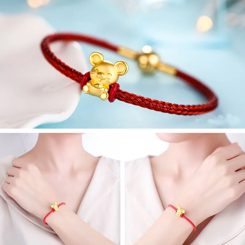 Real 24K Yellow Gold Bracelet Women 999 3D Chinese Zodiac Mouse | Украшения и аксессуары