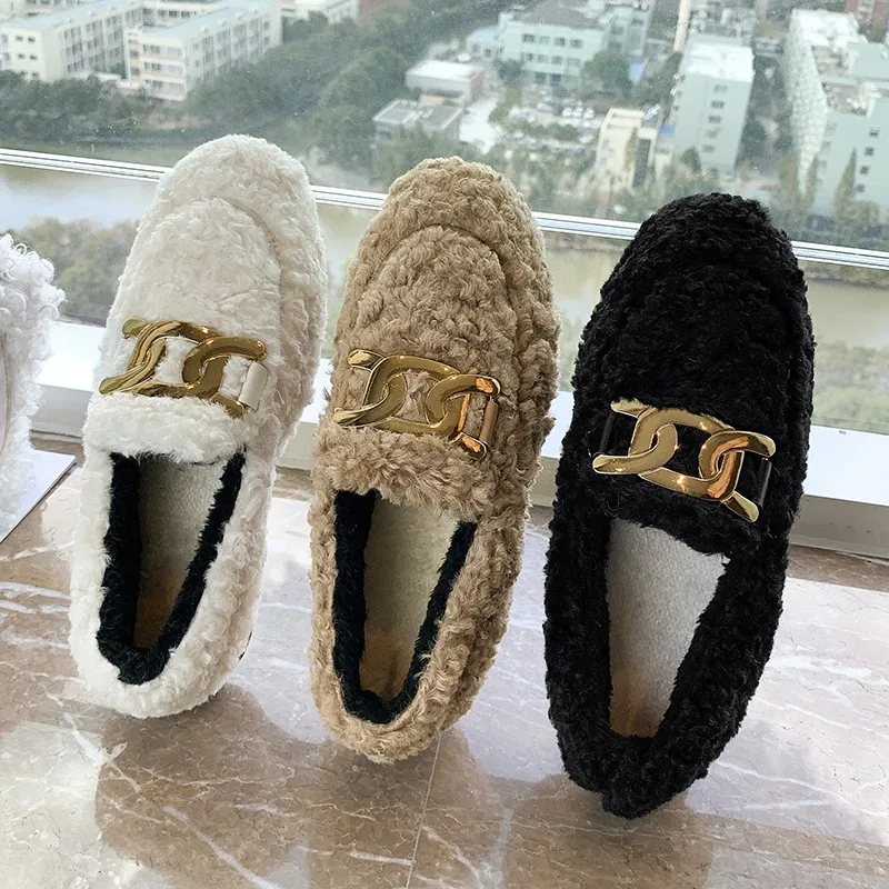 

Faux Lambswool Woman Flats Femme Slip on Plush Winter Casual Ladies Shoes Curly Furry Loafers Women Creepers Zapatos De Mujer