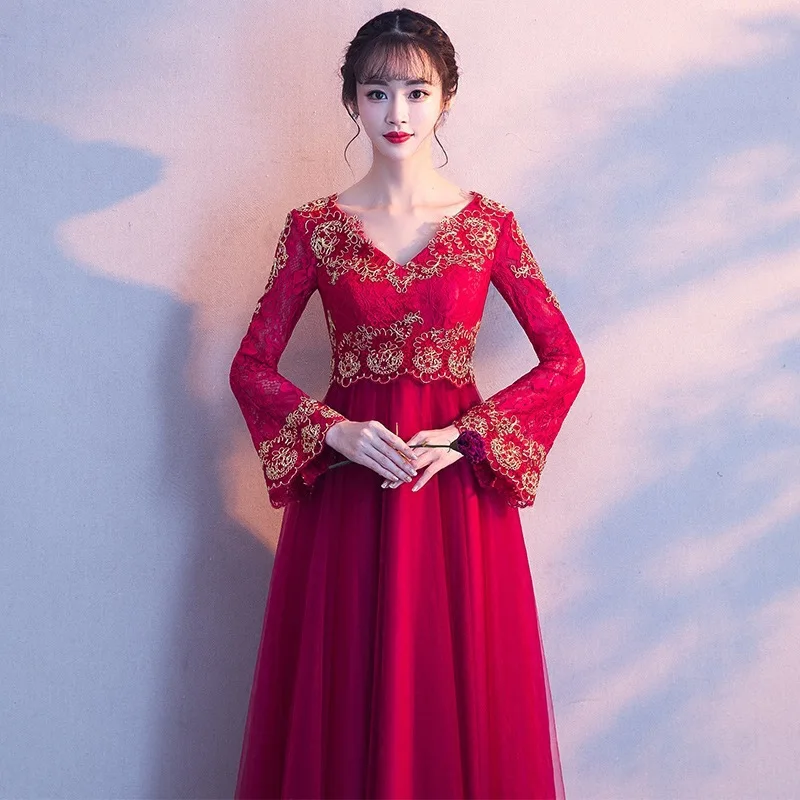 Бордовое платье в китайском традиционном стиле из пряжи для свадьбы подружки