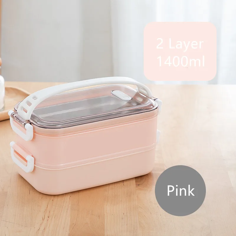 2 Layer Pink Портативный Ланч-бокс из нержавеющей стали 304, многослойные коробки для обедов бенто, набор посуды, микроволновая печь для взрослых, детский пищевой контейнер - Цвет: 2 Layer Pink