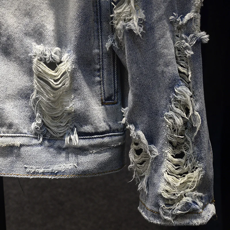 

Harajuku Style Ripped Hole Loose Men Denim Coats Fashion Vintage Single Breasted Frayed Cowboy Jacket Washed Casual Outerwear