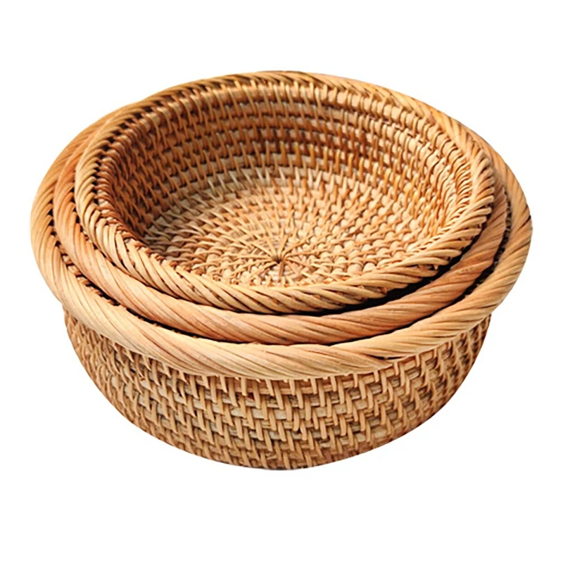 

Практичная круглая корзина для хранения из ротанга, 3 шт., плетеная корзина для фруктов, естественный Плетеный органайзер для кухни/столовой...