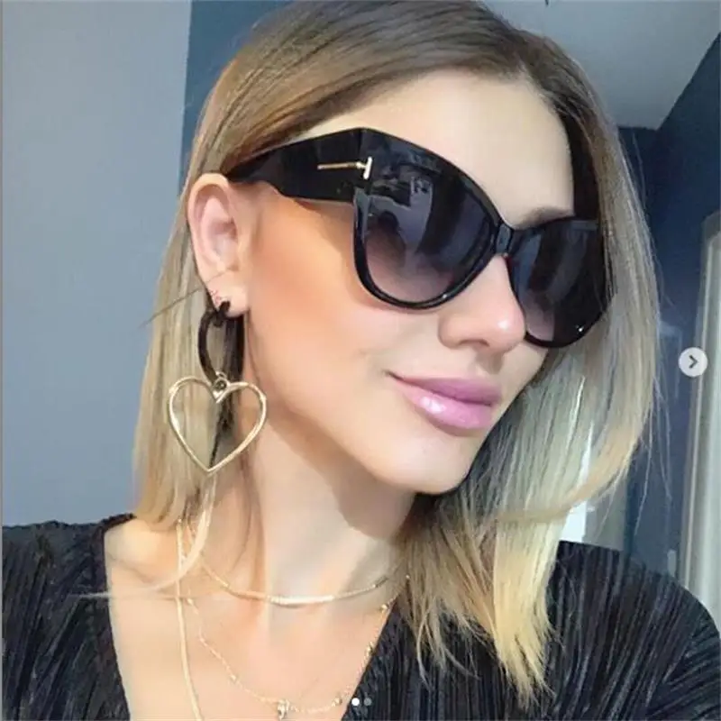 Блестящие черные женские негабаритные солнцезащитные очки Cateye, роскошный дизайн, оттенков, буквы т, винтажные Ретро Очки 90 s, женские UV400