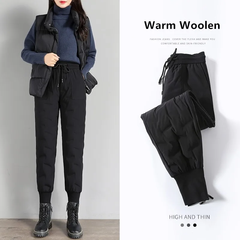 

ZHISILAO New Black Casual Cargo Harem Pants Women Thick Warm Winter 2021 Down Cotton Drawstring Fleece Trousers Mujer