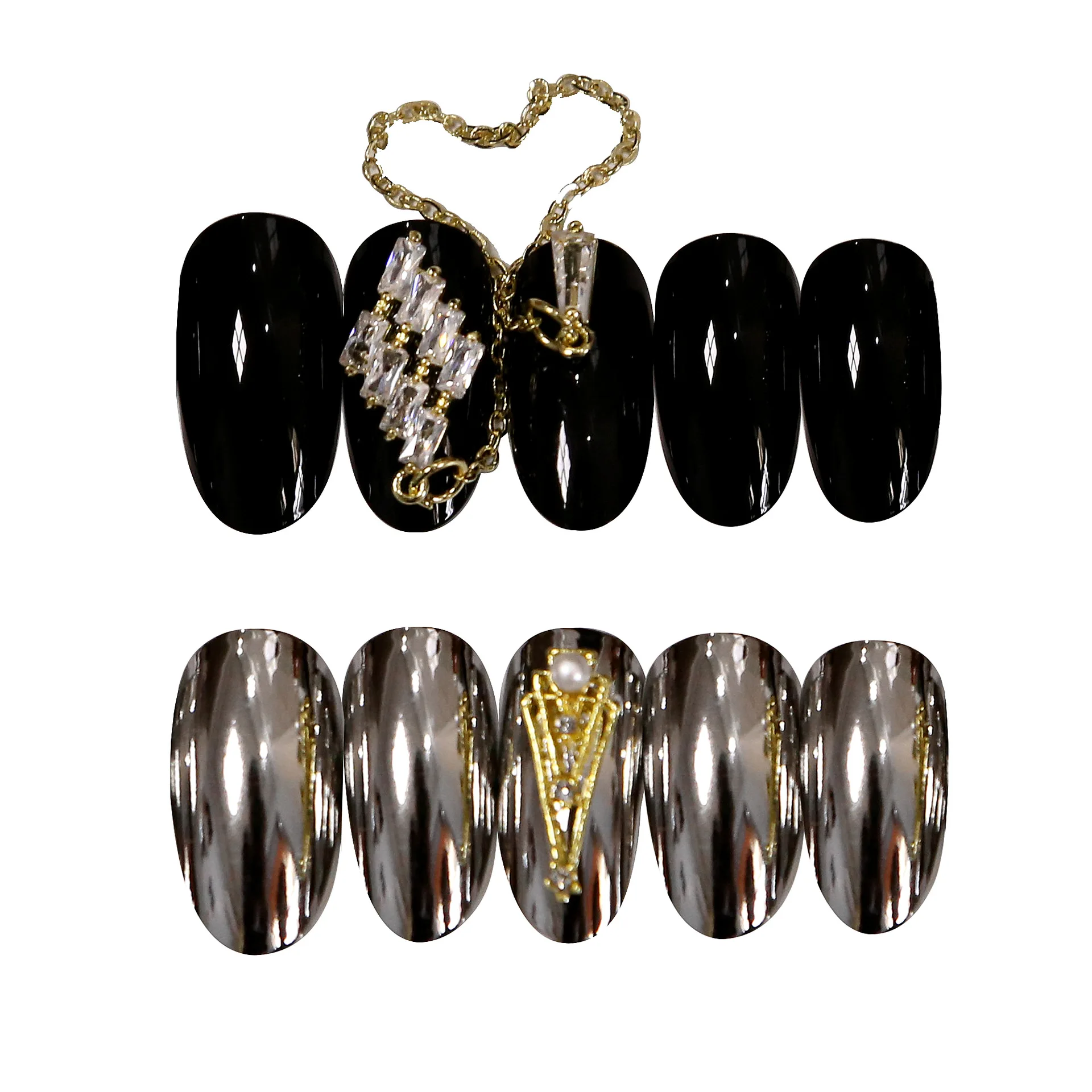 

24pcs Smoke Black Gold Chain Fake Nails Full cover Fake Nails Glue DIY Manicure Nail Art Tools